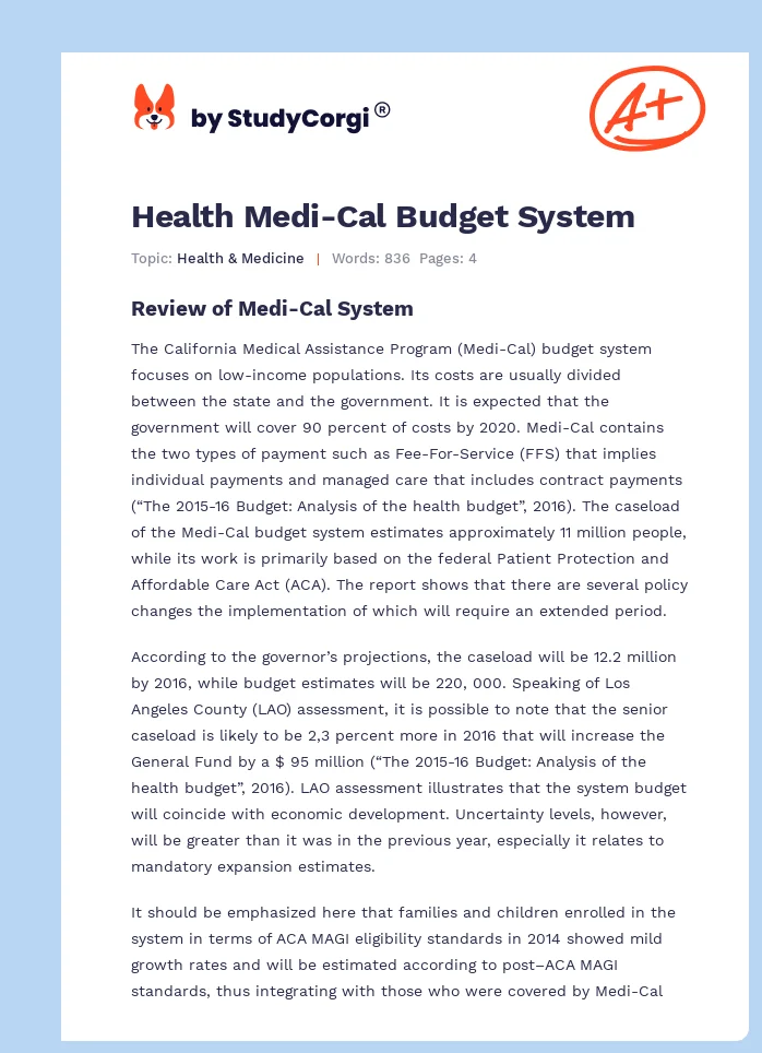 Health Medi-Cal Budget System. Page 1