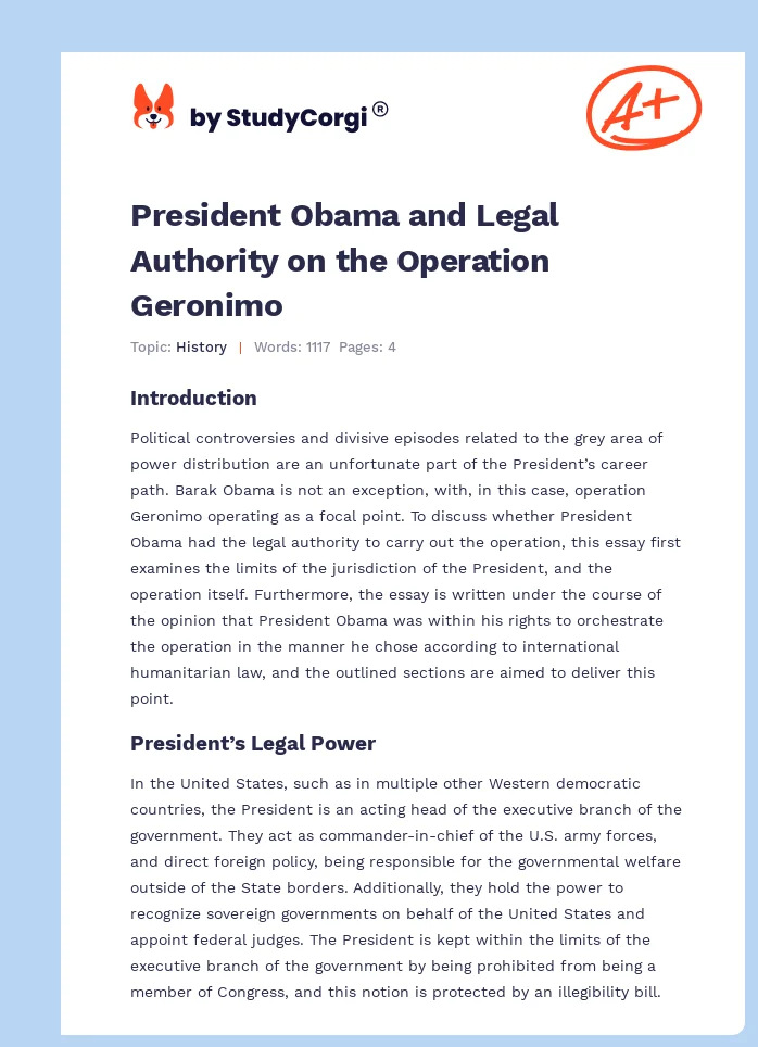 President Obama and Legal Authority on the Operation Geronimo. Page 1
