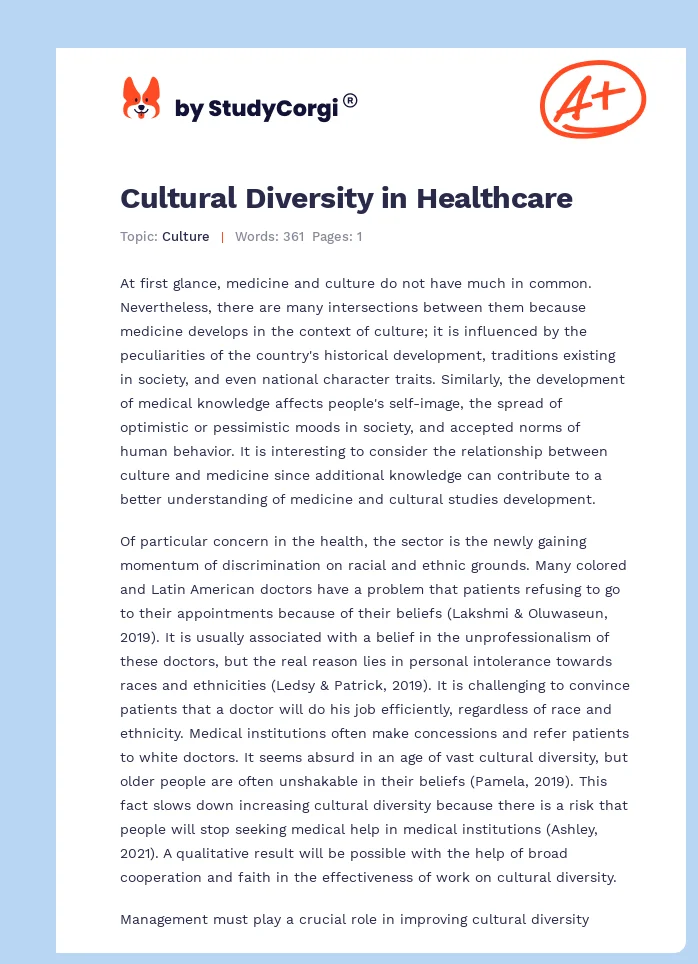 Cultural Diversity in Healthcare. Page 1
