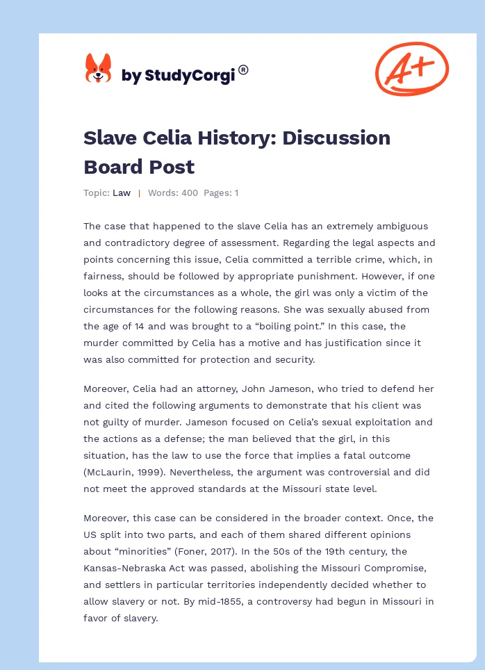 Slave Celia History: Discussion Board Post. Page 1