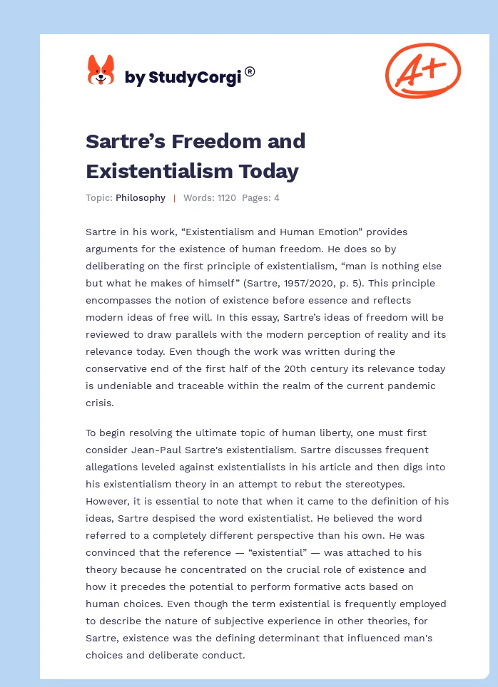 Sartre’s Freedom and Existentialism Today. Page 1