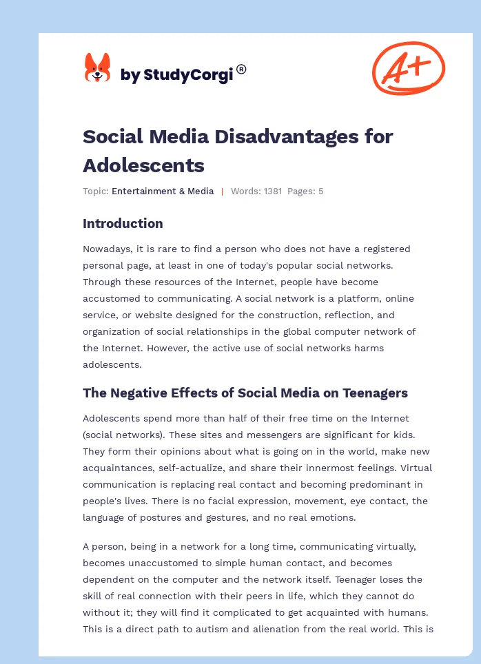 Social Media Disadvantages for Adolescents. Page 1