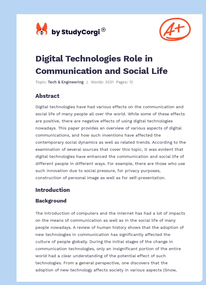 Digital Technologies Role in Communication and Social Life. Page 1