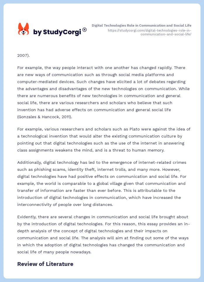 Digital Technologies Role in Communication and Social Life. Page 2