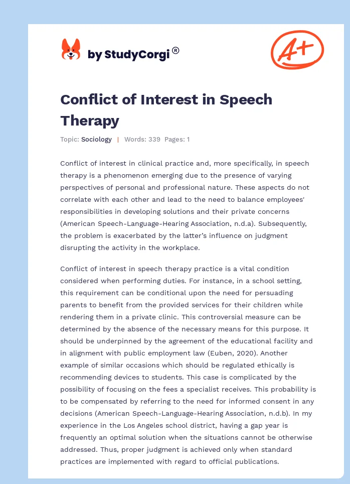 Conflict of Interest in Speech Therapy. Page 1