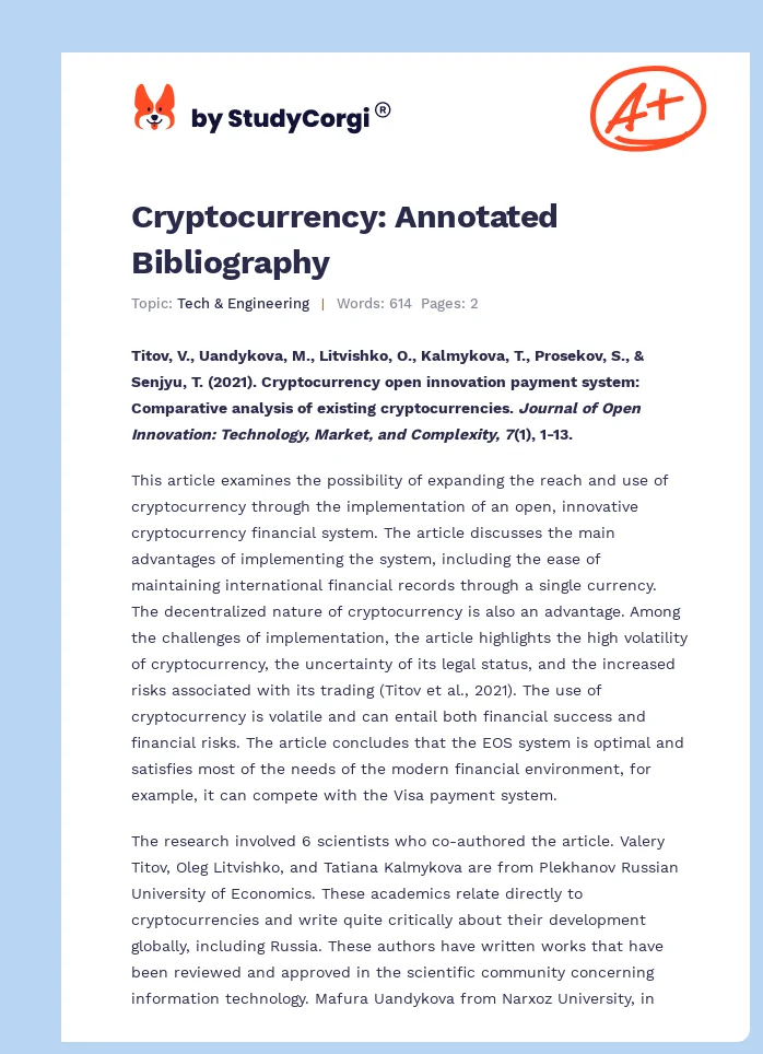 Cryptocurrency: Annotated Bibliography. Page 1
