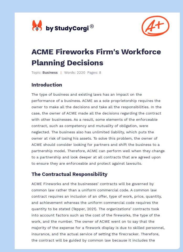 ACME Fireworks Firm's Workforce Planning Decisions. Page 1