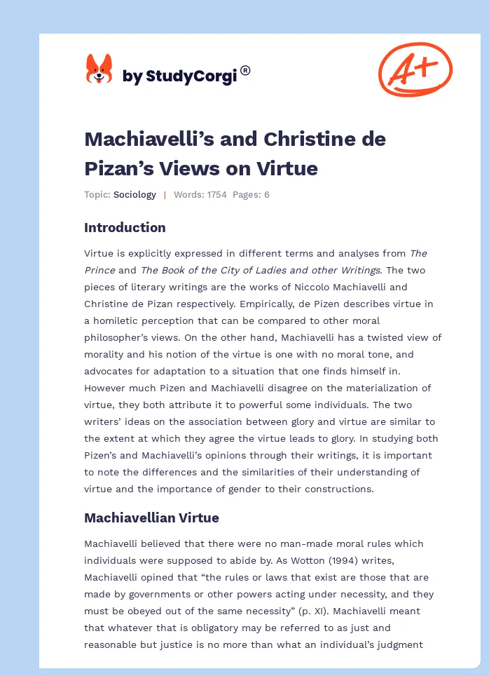 Machiavelli’s and Christine de Pizan’s Views on Virtue. Page 1