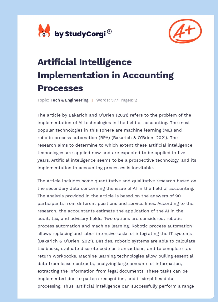 Artificial Intelligence Implementation in Accounting Processes. Page 1