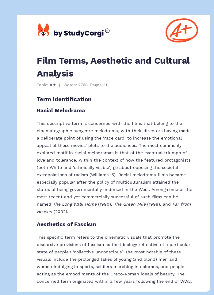 Film Terms, Aesthetic and Cultural Analysis. Page 1