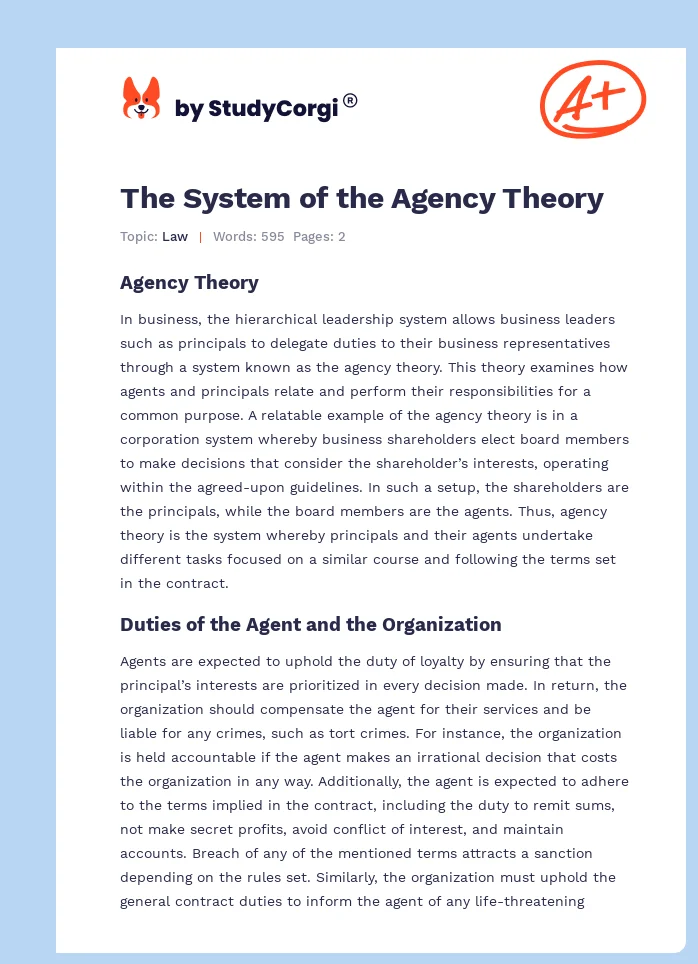 The System of the Agency Theory. Page 1