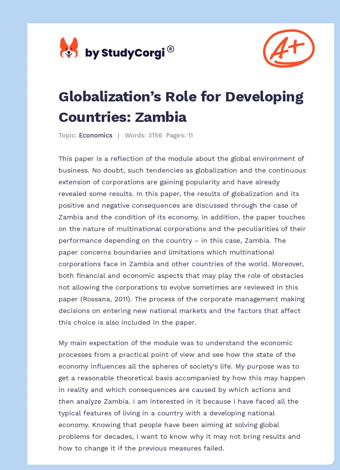 Globalization’s Role for Developing Countries: Zambia. Page 1