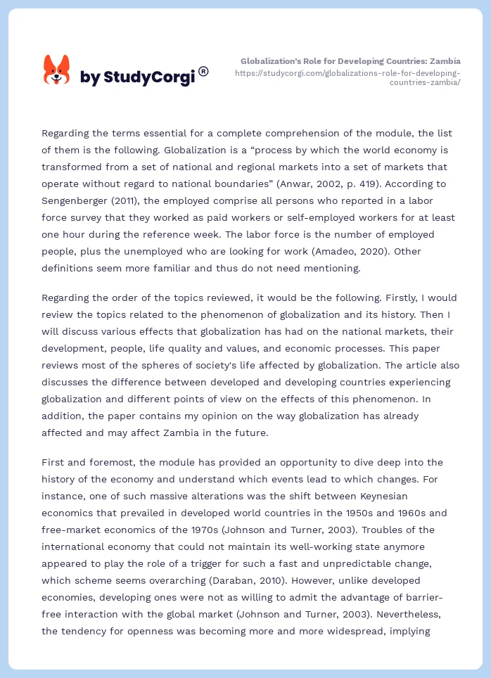 Globalization’s Role for Developing Countries: Zambia. Page 2