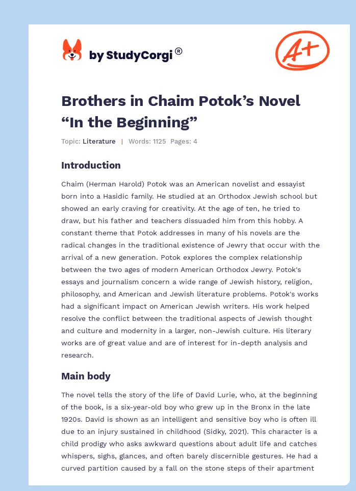 Brothers in Chaim Potok’s Novel “In the Beginning”. Page 1