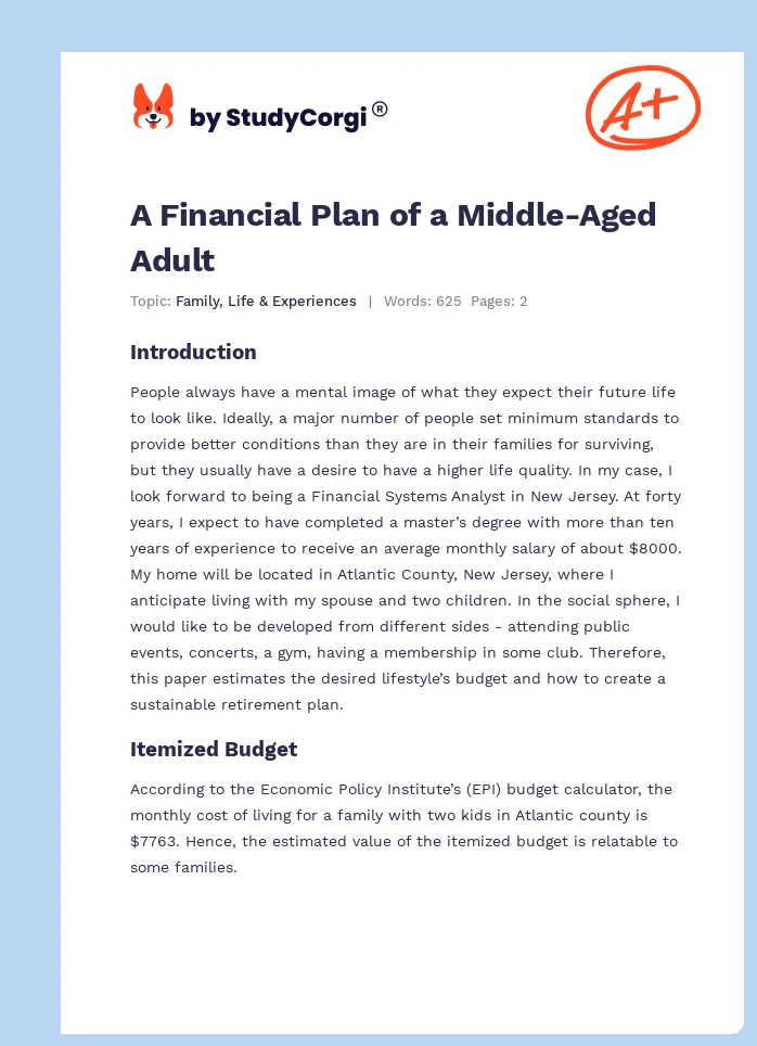 A Financial Plan of a Middle-Aged Adult. Page 1