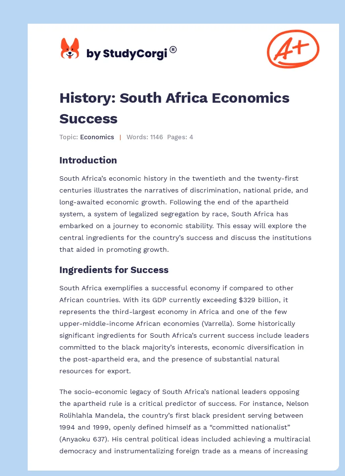 History: South Africa Economics Success. Page 1