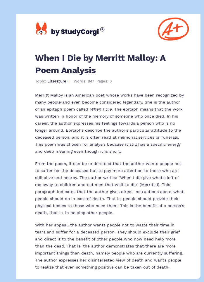 When I Die by Merritt Malloy: A Poem Analysis. Page 1