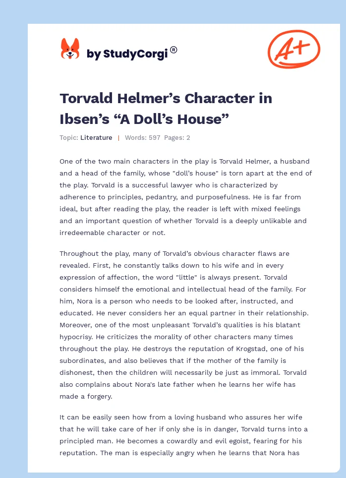 Torvald Helmer’s Character in Ibsen’s “A Doll’s House”. Page 1