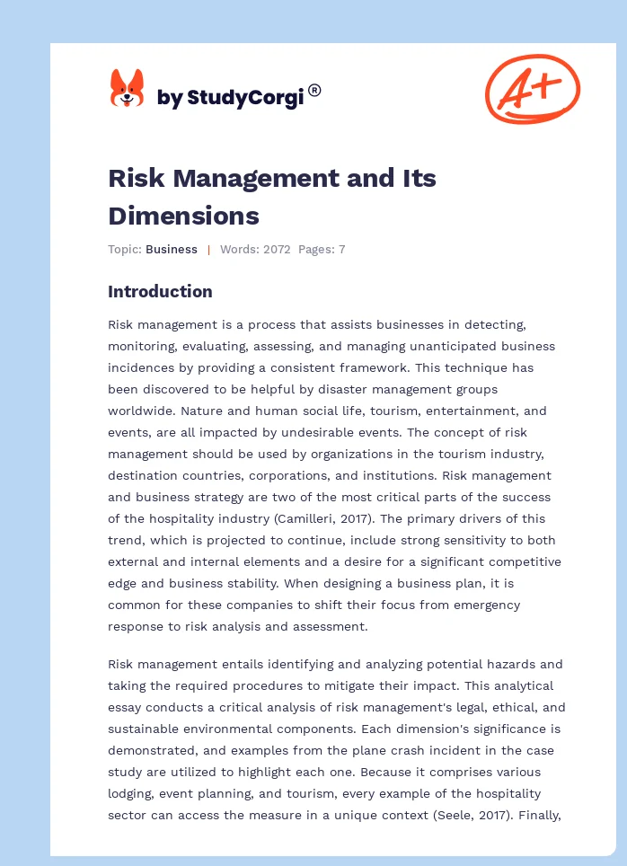 Risk Management and Its Dimensions. Page 1
