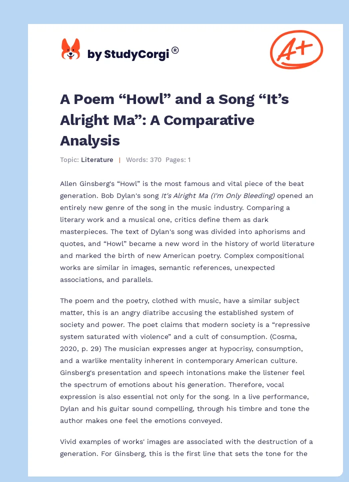 A Poem “Howl” and a Song “It’s Alright Ma”: A Comparative Analysis. Page 1