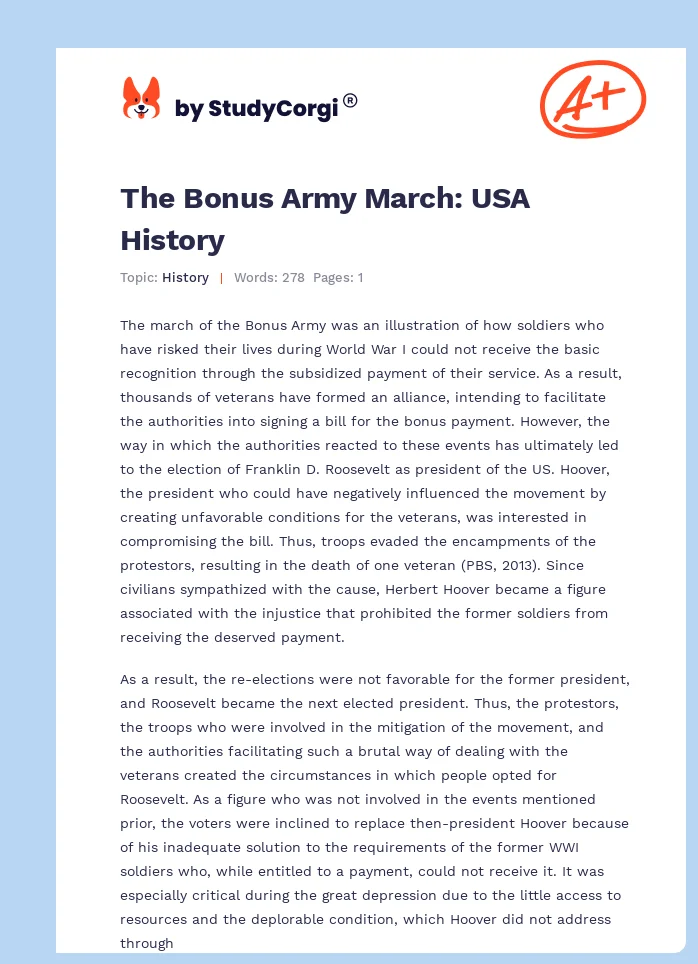 The Bonus Army March: USA History. Page 1