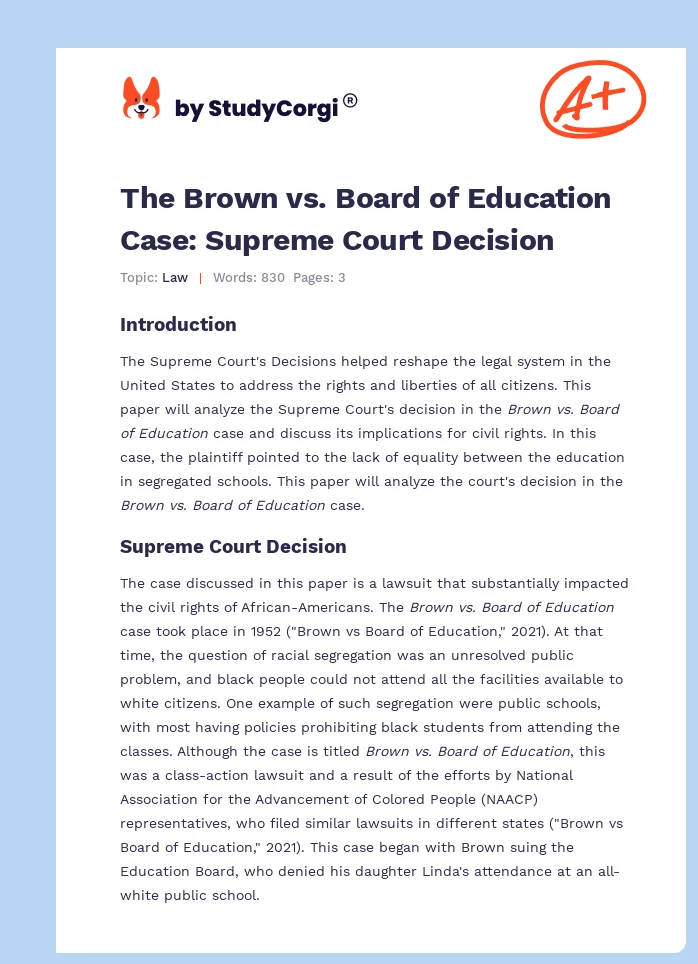The Brown vs. Board of Education Case: Supreme Court Decision. Page 1