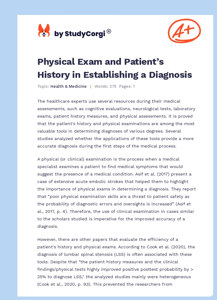Physical Exam and Patient’s History in Establishing a Diagnosis. Page 1