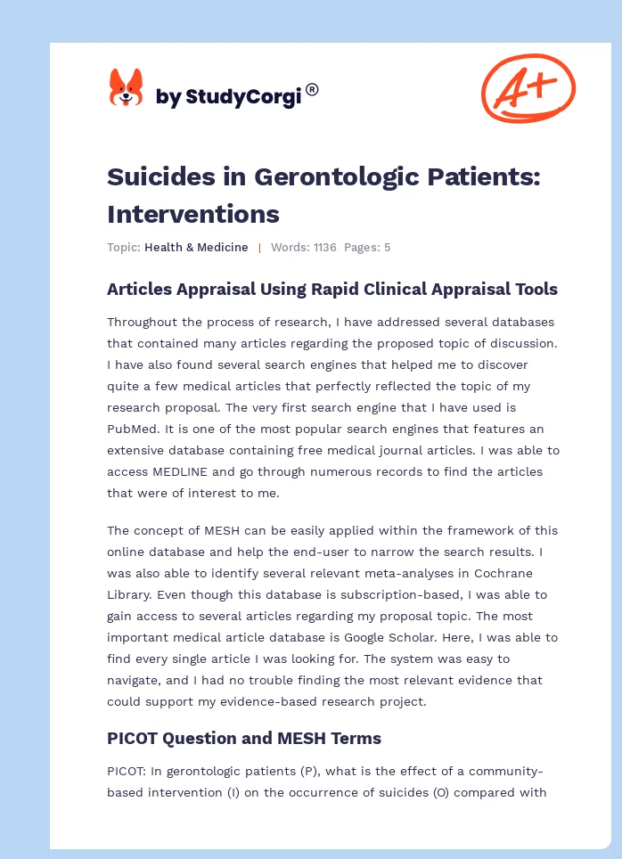 Suicides in Gerontologic Patients: Interventions. Page 1
