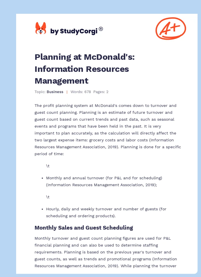 Planning at McDonald's: Information Resources Management. Page 1