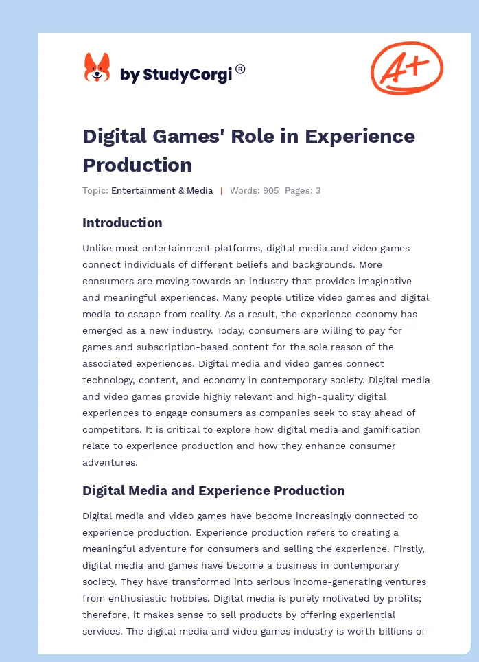 Digital Games' Role in Experience Production. Page 1