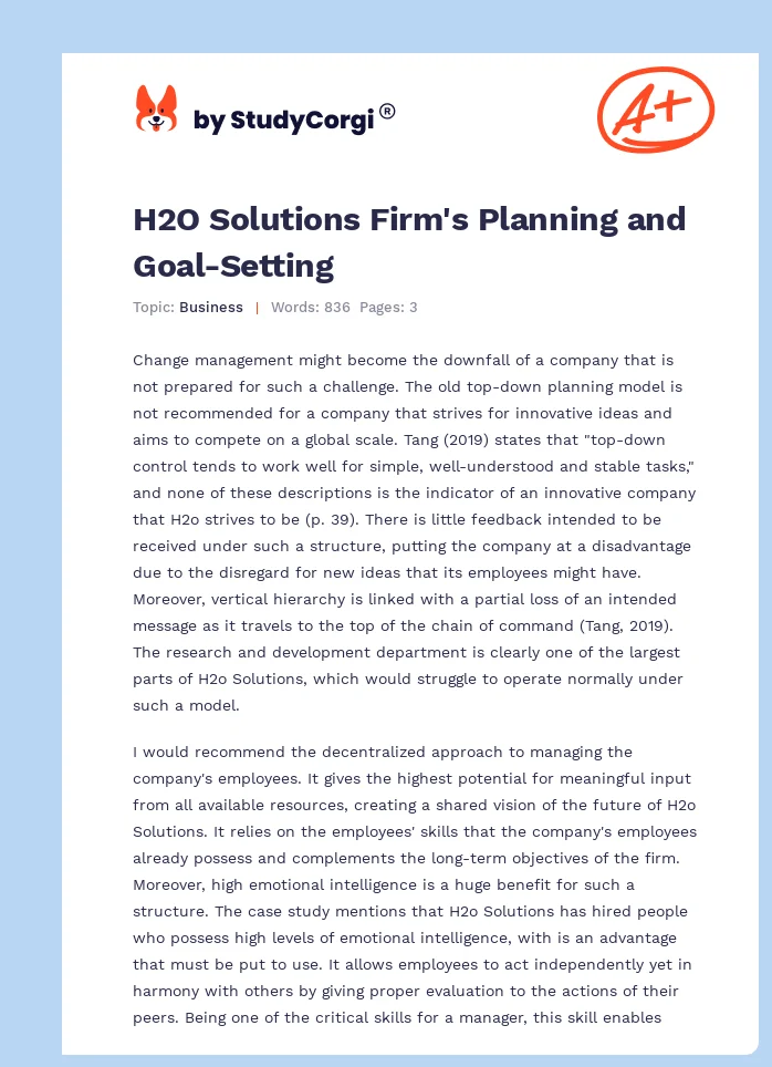 H2O Solutions Firm's Planning and Goal-Setting. Page 1