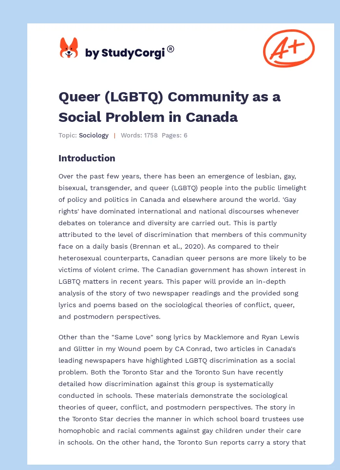 Queer (LGBTQ) Community as a Social Problem in Canada. Page 1