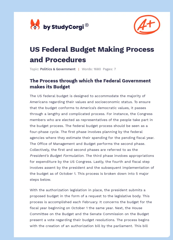 US Federal Budget Making Process and Procedures. Page 1