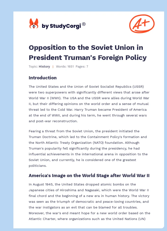 Opposition to the Soviet Union in President Truman's Foreign Policy. Page 1
