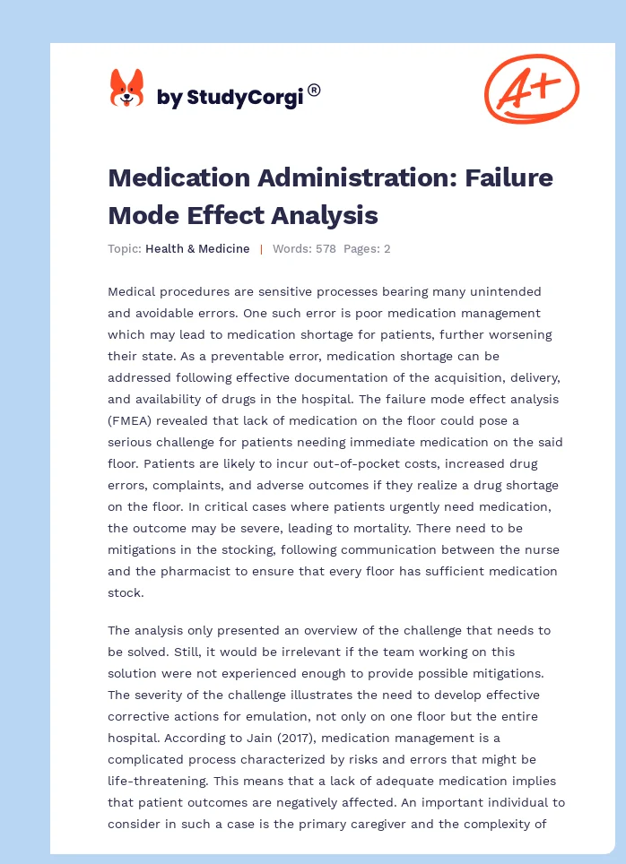 Medication Administration: Failure Mode Effect Analysis. Page 1