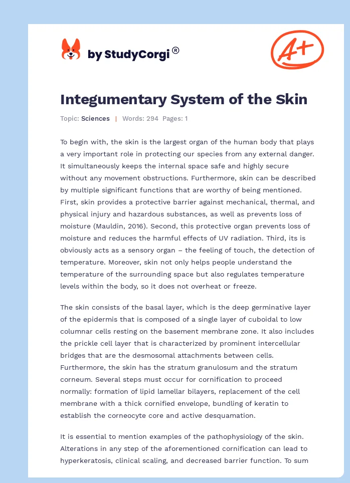 Integumentary System of the Skin. Page 1