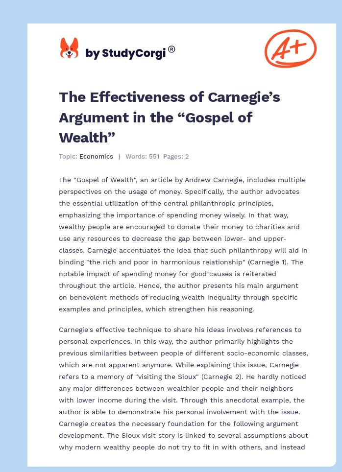 The Effectiveness of Carnegie’s Argument in the “Gospel of Wealth”. Page 1