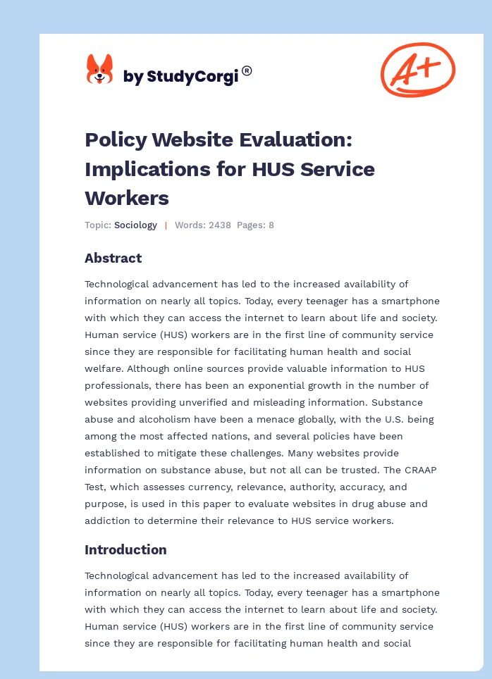 Policy Website Evaluation: Implications for HUS Service Workers. Page 1