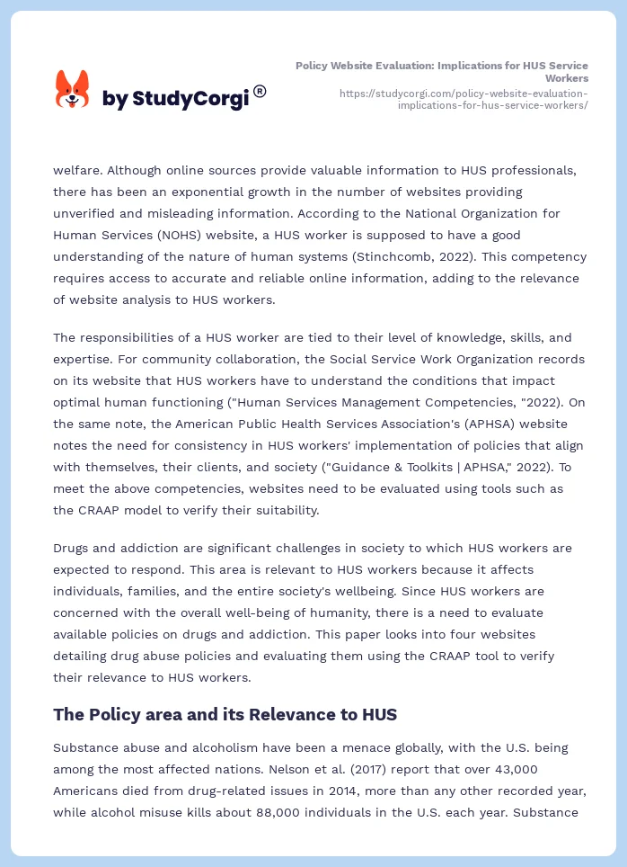 Policy Website Evaluation: Implications for HUS Service Workers. Page 2