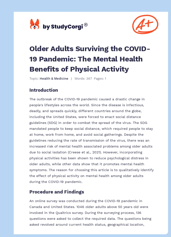 Older Adults Surviving the COVID-19 Pandemic: The Mental Health Benefits of Physical Activity. Page 1