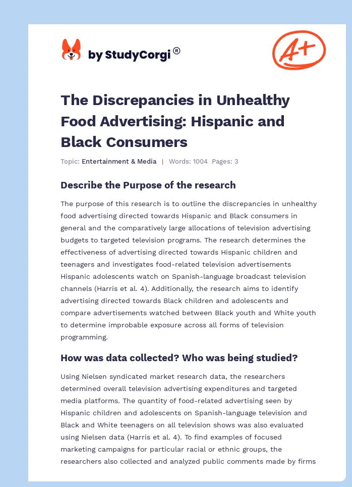 The Discrepancies in Unhealthy Food Advertising: Hispanic and Black Consumers. Page 1