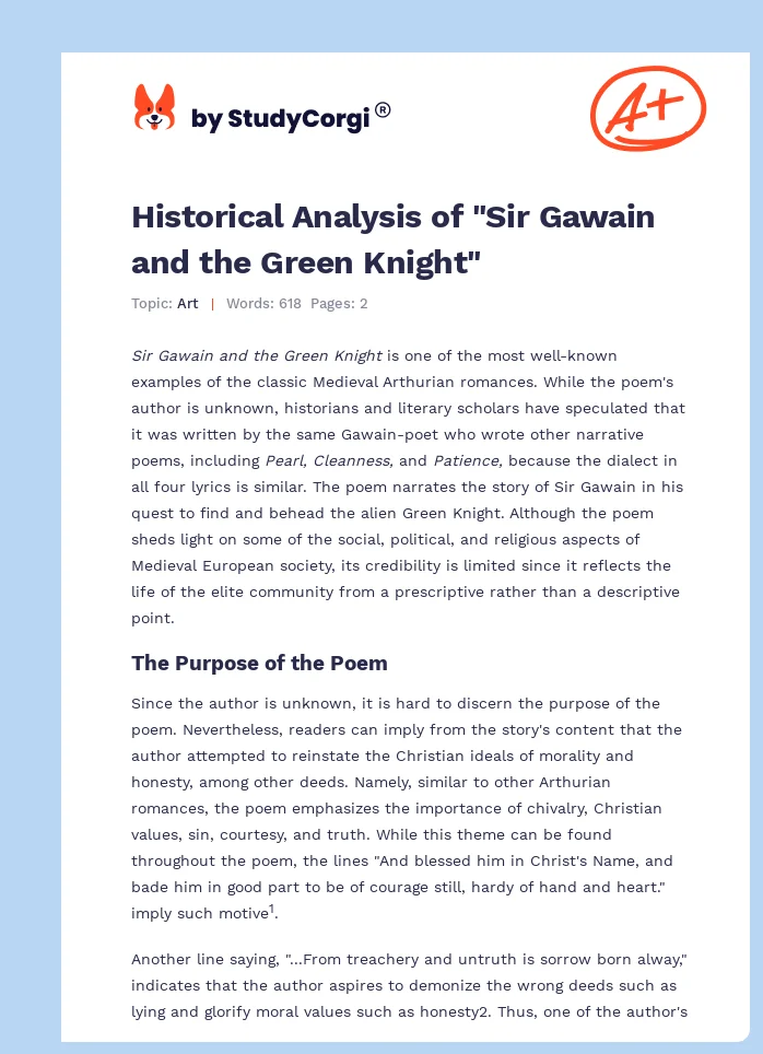 Historical Analysis of "Sir Gawain and the Green Knight". Page 1