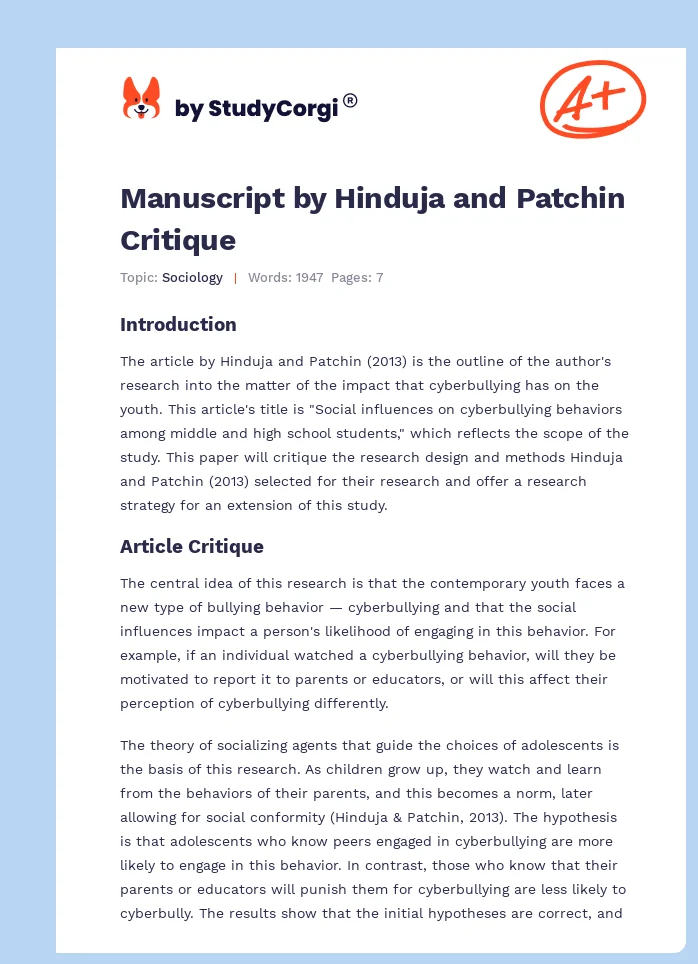 Manuscript by Hinduja and Patchin Critique. Page 1
