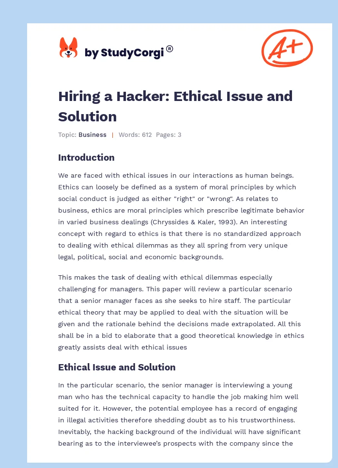 Hiring a Hacker: Ethical Issue and Solution. Page 1