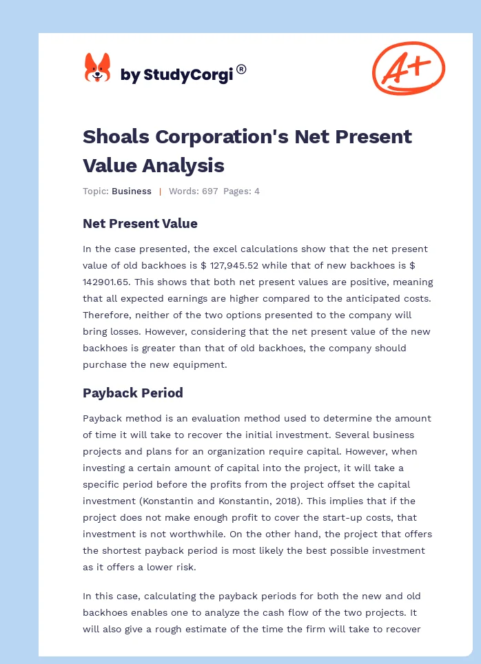 Shoals Corporation's Net Present Value Analysis. Page 1