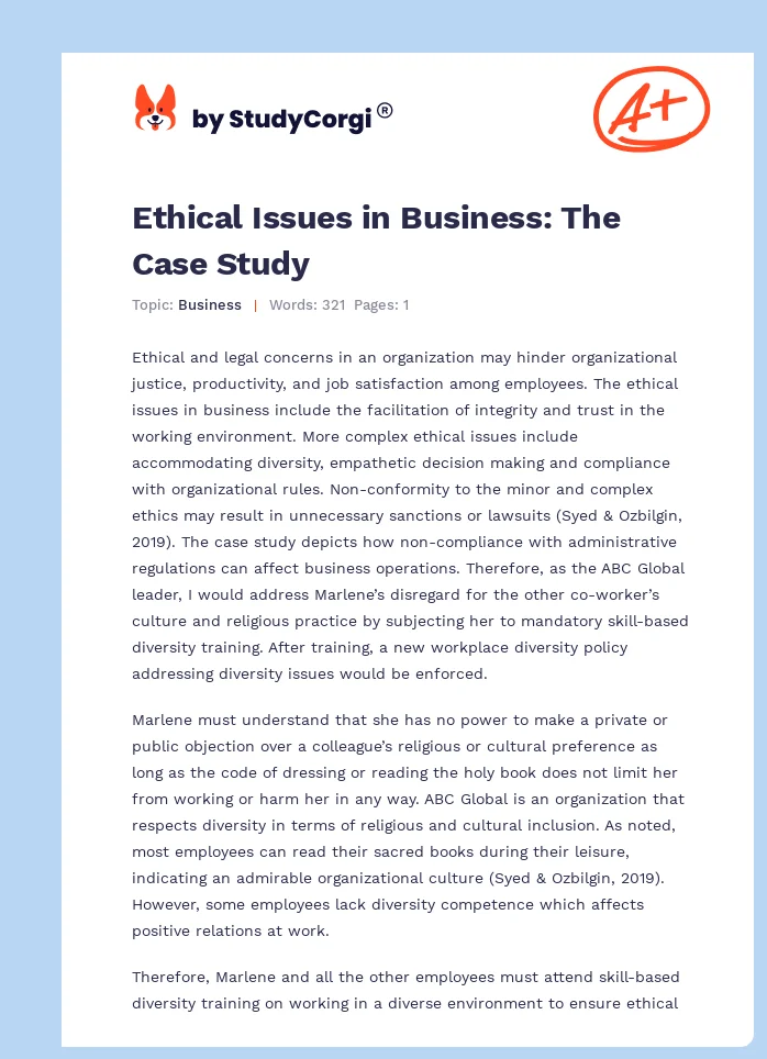 Ethical Issues in Business: The Case Study. Page 1
