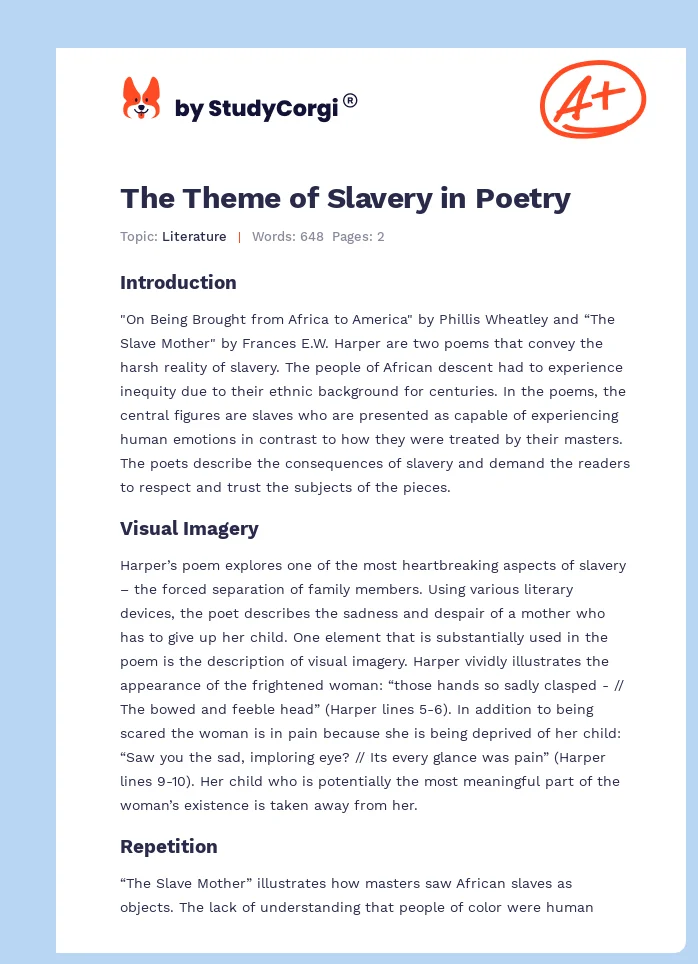 The Theme of Slavery in Poetry. Page 1