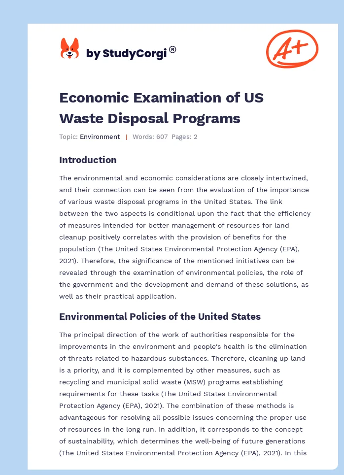 Economic Examination of US Waste Disposal Programs. Page 1