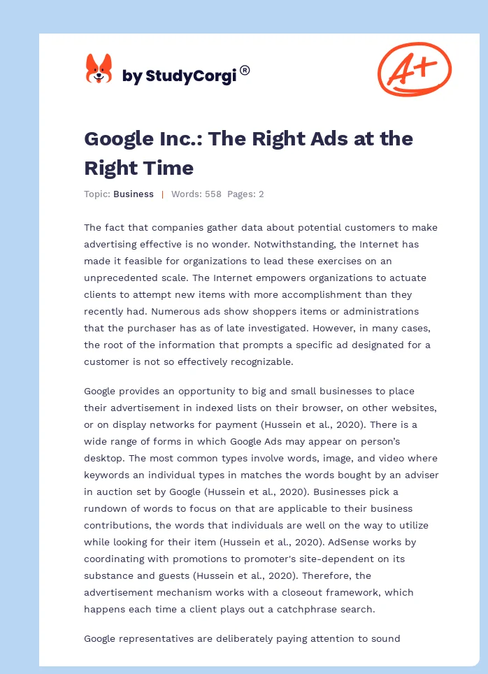 Google Inc.: The Right Ads at the Right Time. Page 1