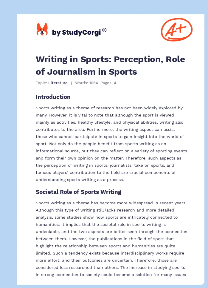 Writing in Sports: Perception, Role of Journalism in Sports. Page 1